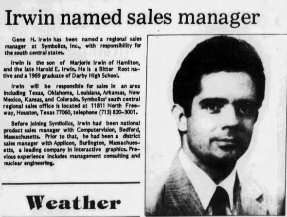 Gene Irwin, Symbolics Regional Manager Announced 27 DEC 1982